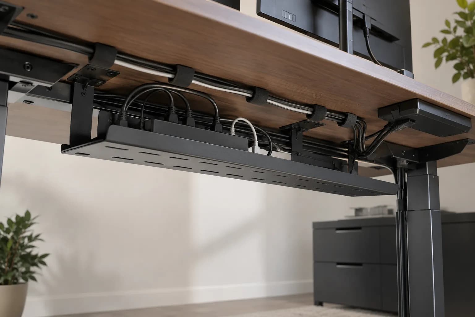 Underside of an unbranded height-adjustable desk with a cable tray, controller, handset cable and routed workstation cables