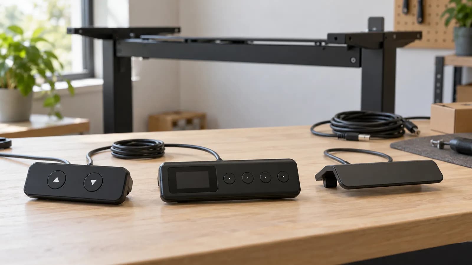 Generic two-button, display and paddle standing desk controls on a workbench with an unbranded frame