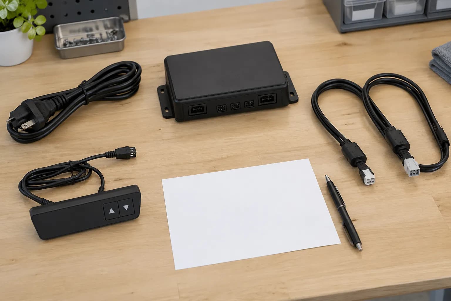 Illustrative standing desk handset, control box and unplugged cables beside a blank component identity sheet