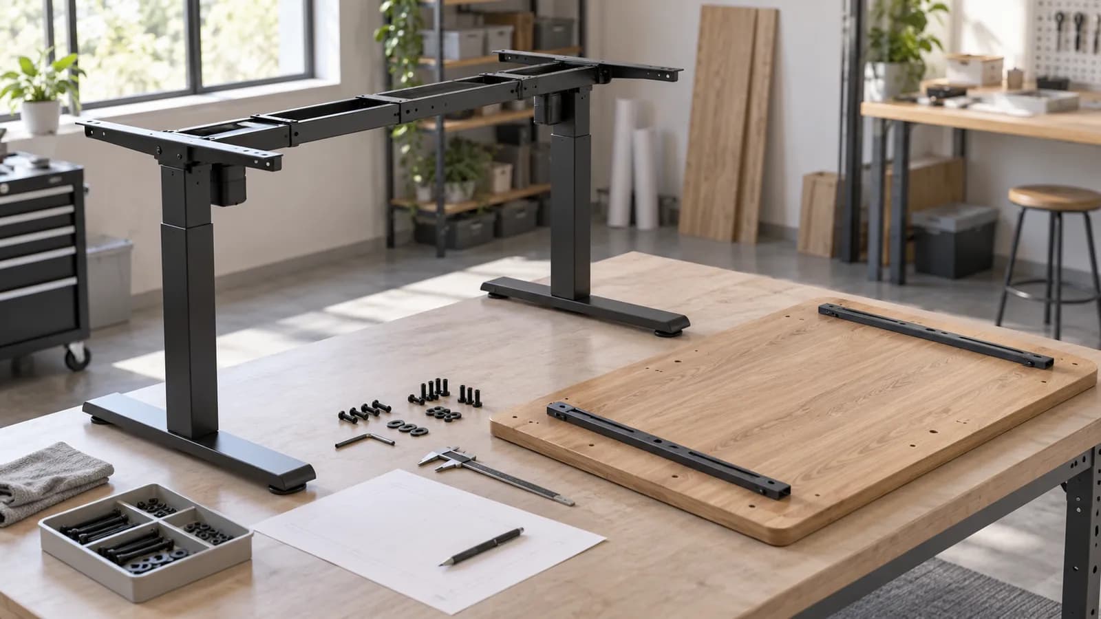Generic detached oak desktop and black standing desk frame beside a blank drawing and fixing tools