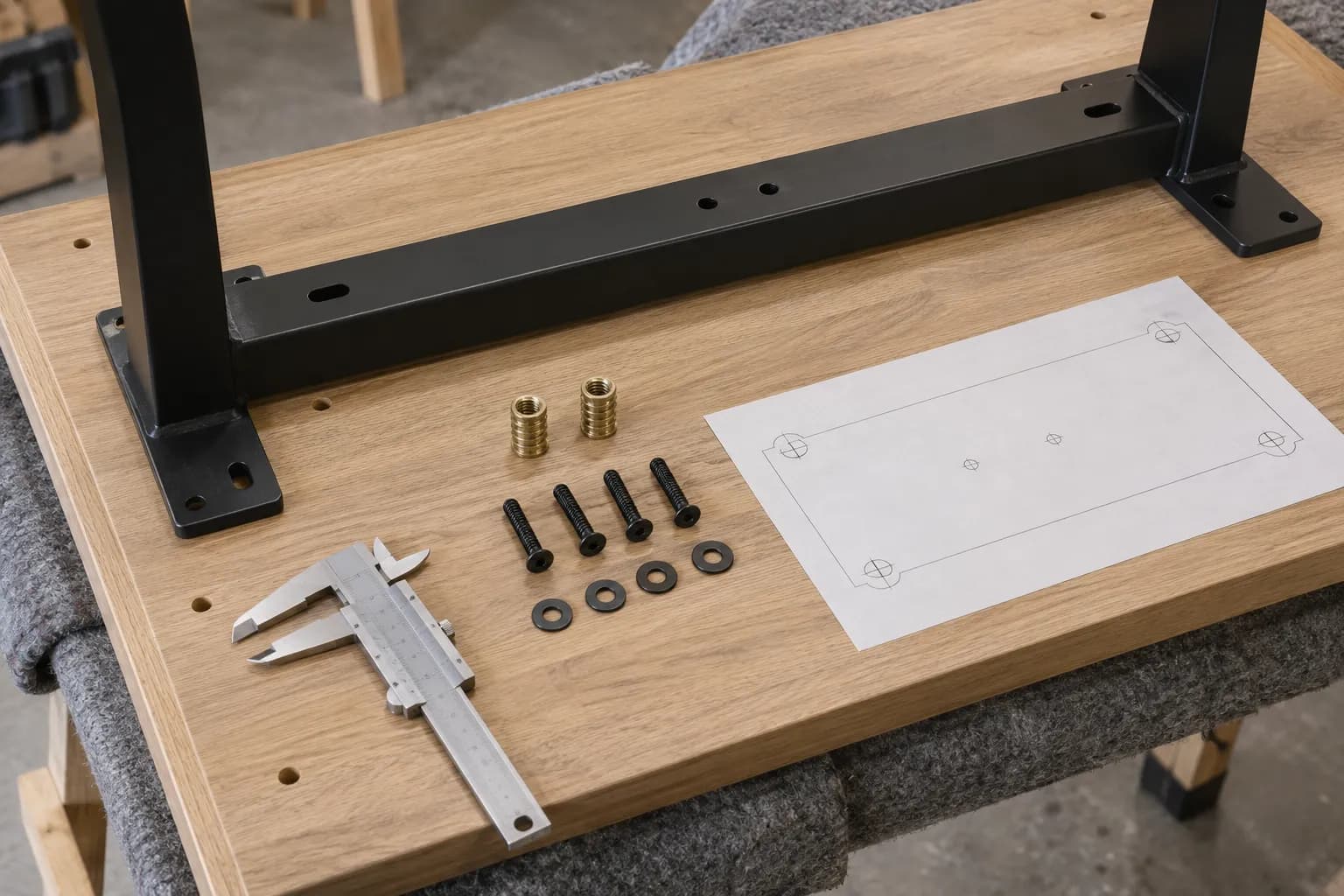 Illustrative desktop underside with a mounting bracket, separate fixing hardware, caliper and blank template