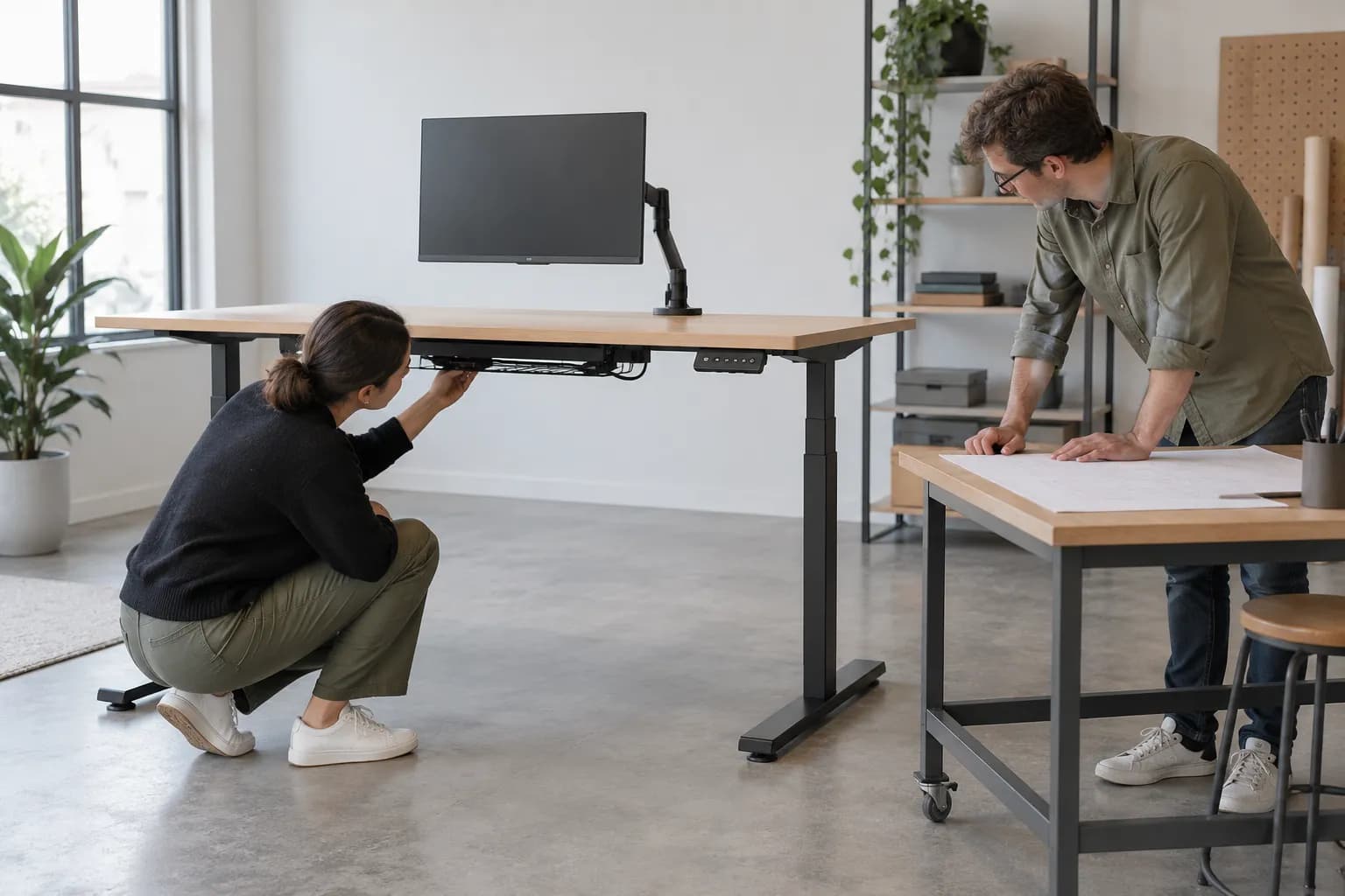 Illustrative specialists examining underside clearance on a complete standing desk mock-up