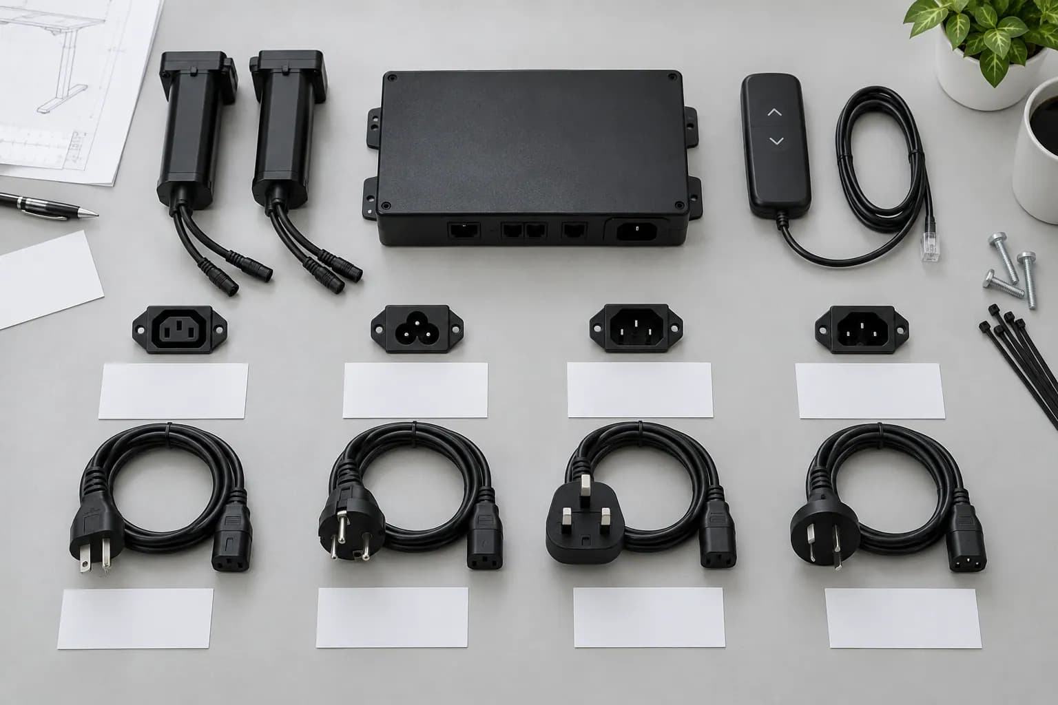 Unbranded standing desk control box, handset, motor leads, appliance inlets and generic mains cords arranged as a destination matrix
