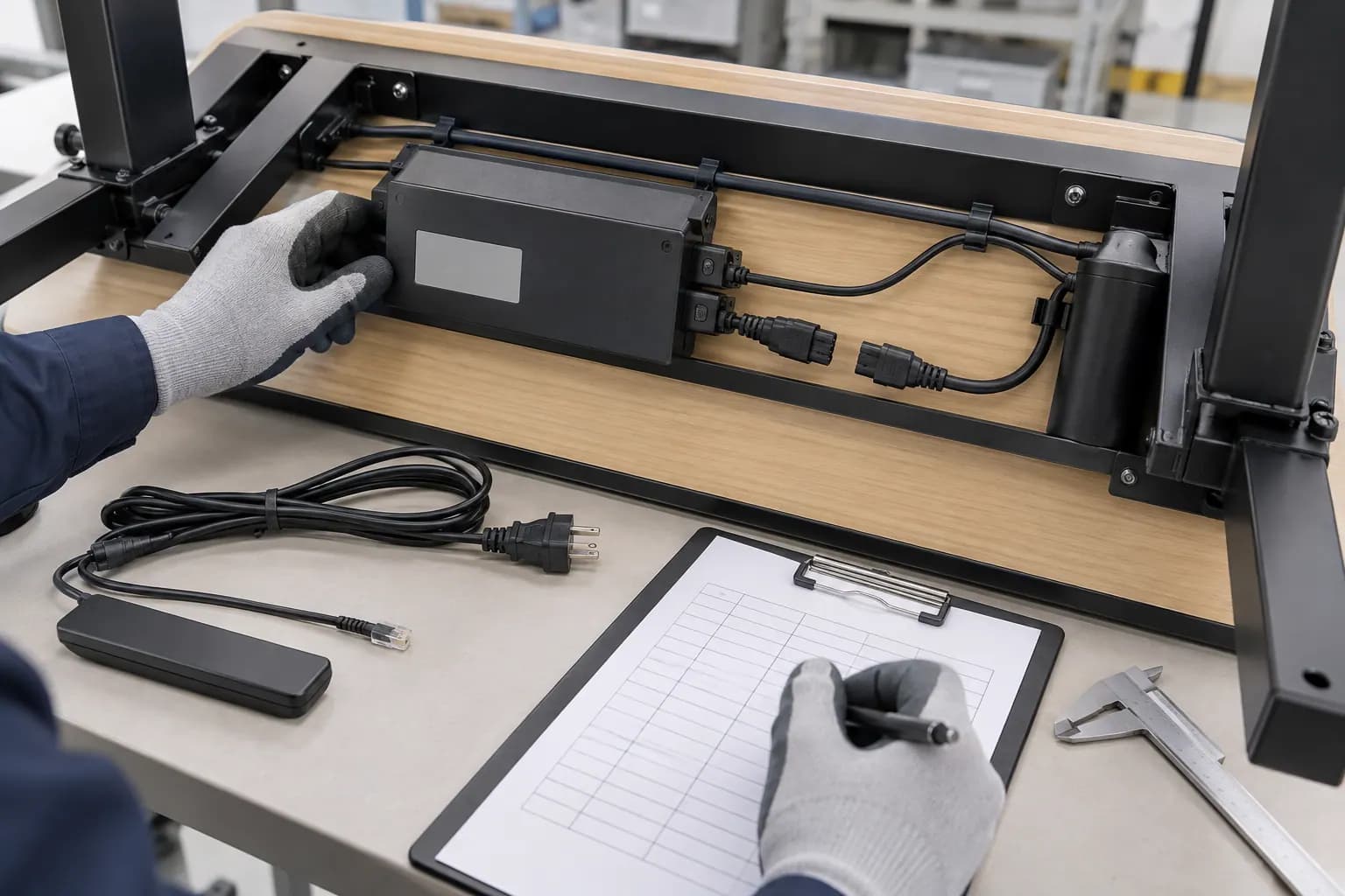 Gloved technician checking an unplugged standing desk control box, cable routing and blank revision record