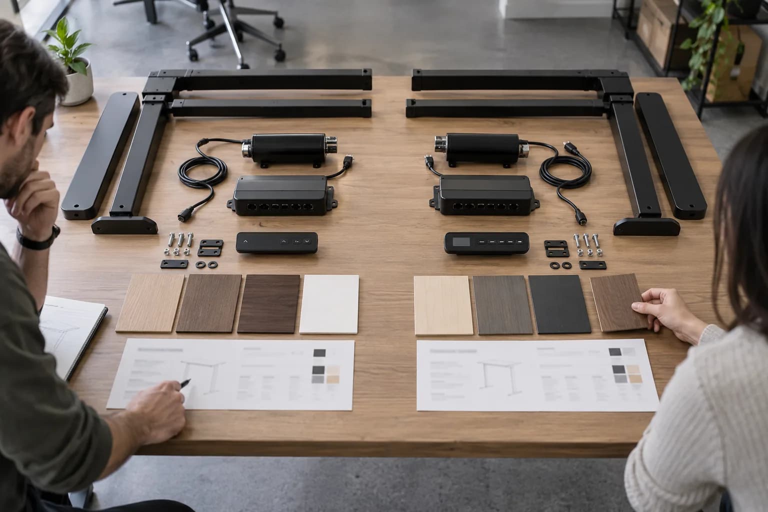 Unbranded standing desk controllers, motors, cables, hardware and tabletop samples arranged in two quotation columns