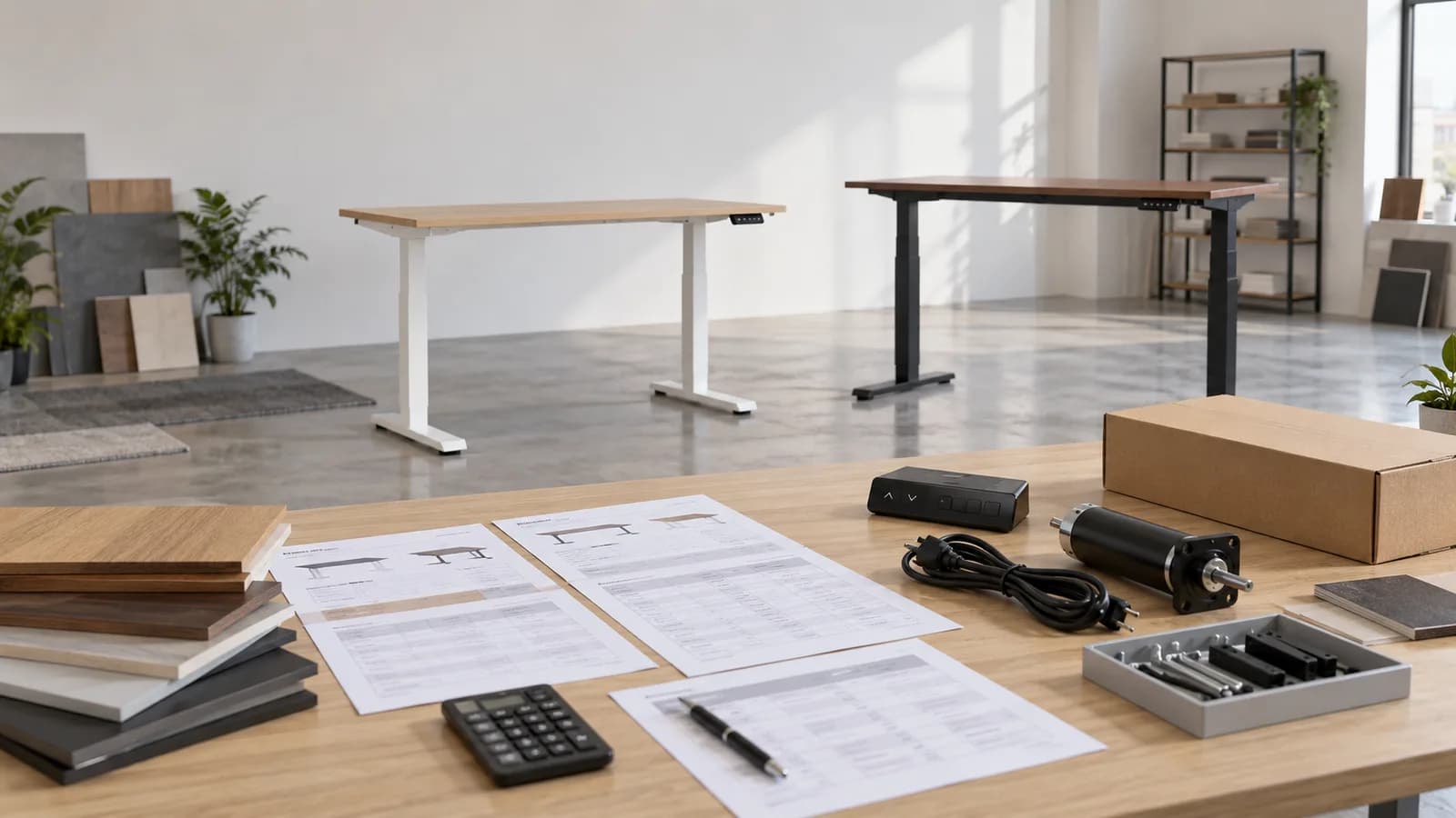 Unbranded standing desks, components and quotation sheets arranged for a factory quote comparison