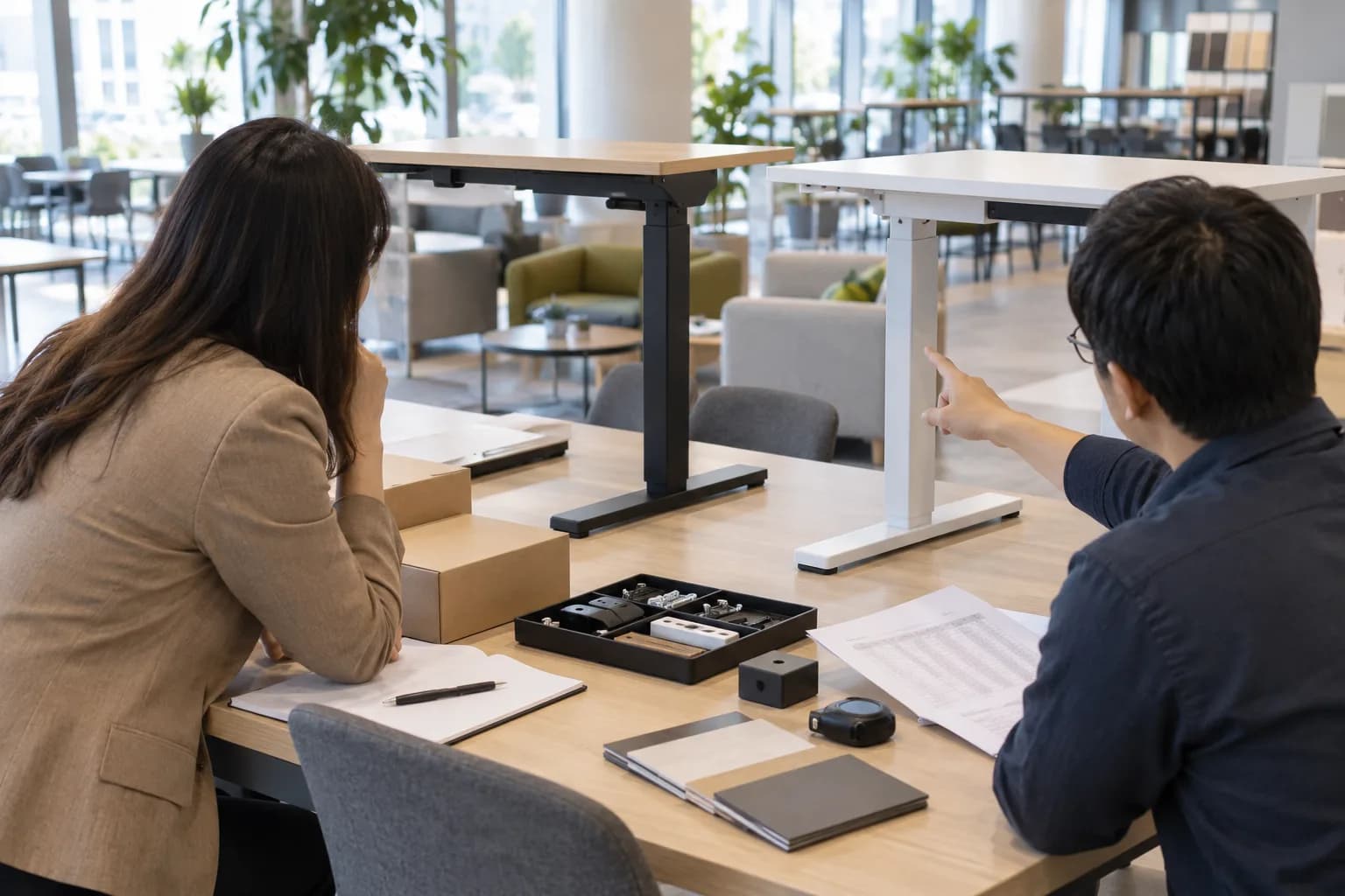Buyer and product engineer comparing unbranded standing desk samples, packaging and quotation information