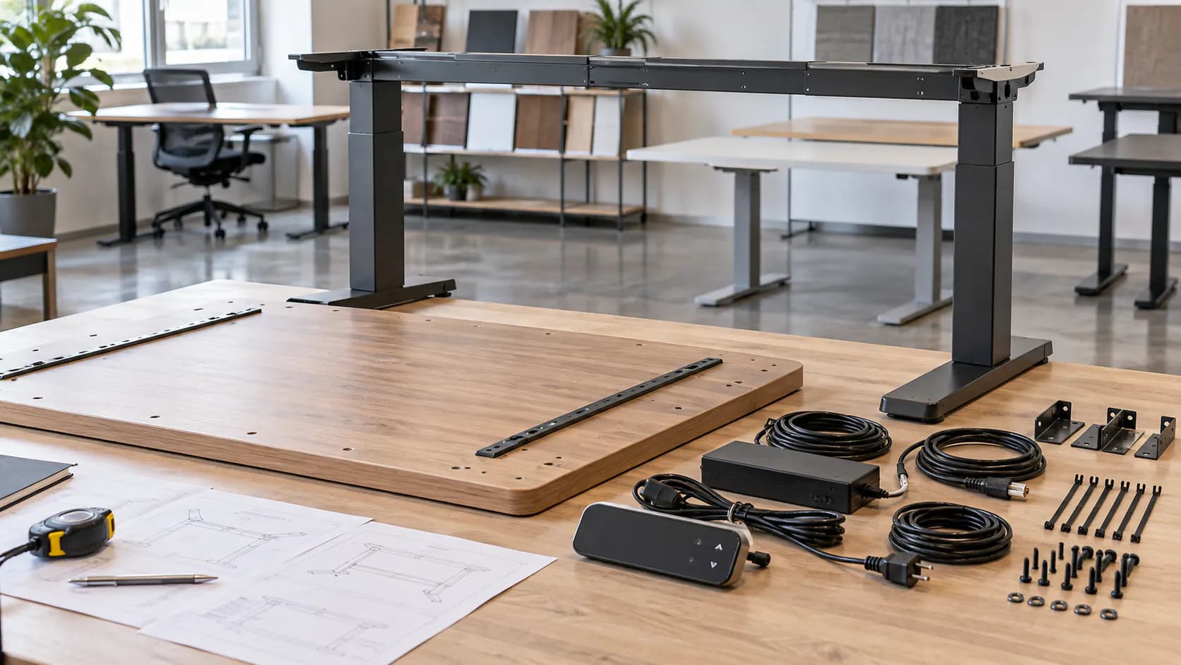 Unbranded standing desk frame, tabletop underside, controller, cables and mounting hardware arranged for a compatibility review