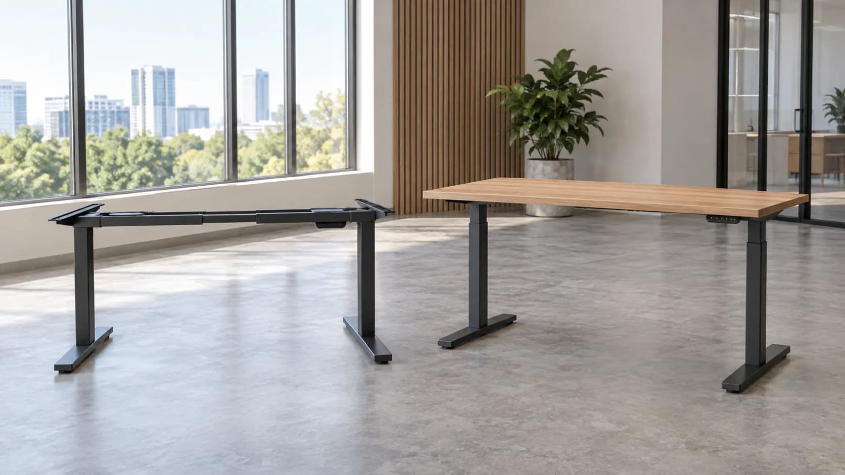 Unbranded electric standing desk frame beside an unbranded complete standing desk in a commercial sample room