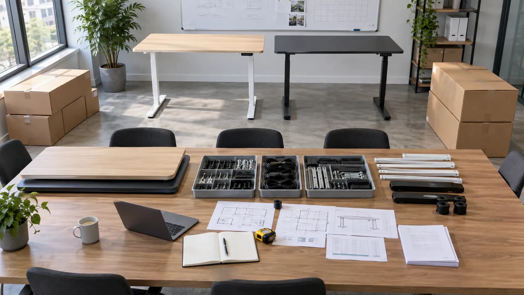 Unbranded standing desk configurations, plain cartons and component trays arranged for a distributor stock and handover review