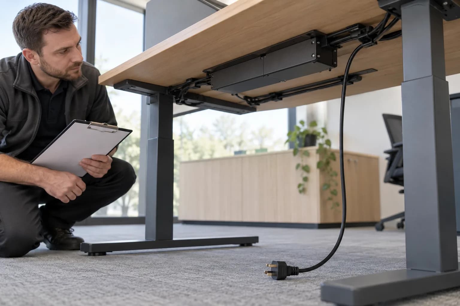 Illustrative external standing desk cable inspection with a closed control enclosure and a disconnected mains plug