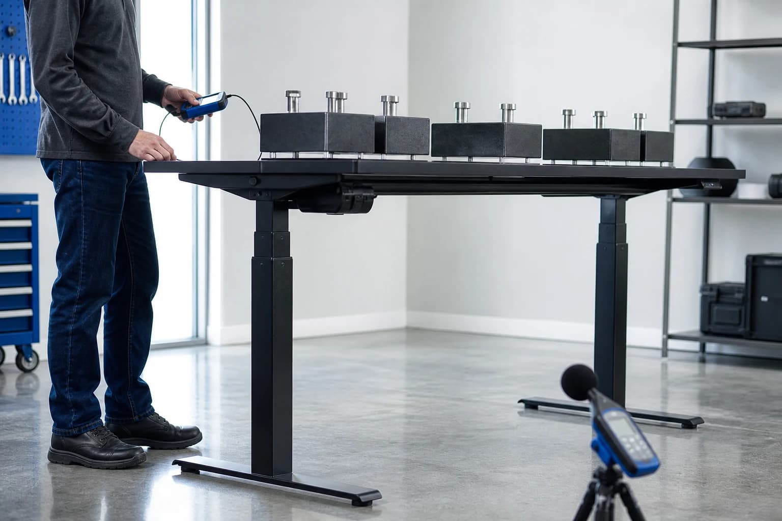 Engineer checking a loaded electric standing desk during height and stability testing
