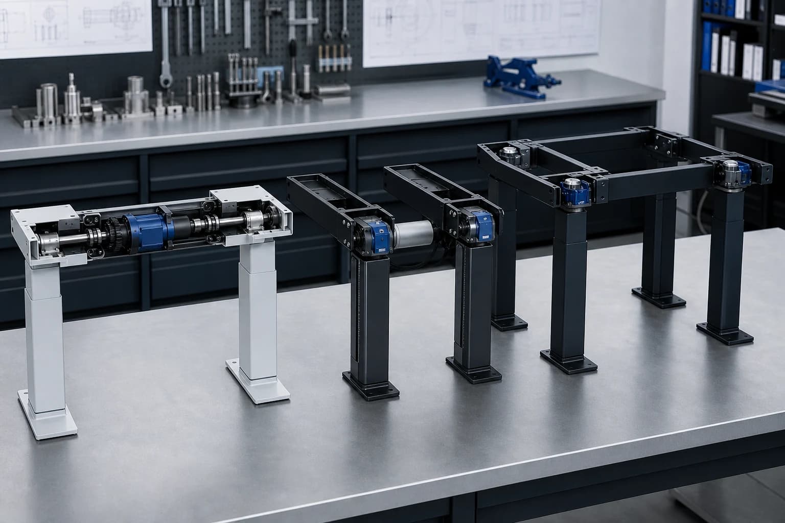 Single, dual and four-leg standing desk frame architectures arranged for engineering comparison
