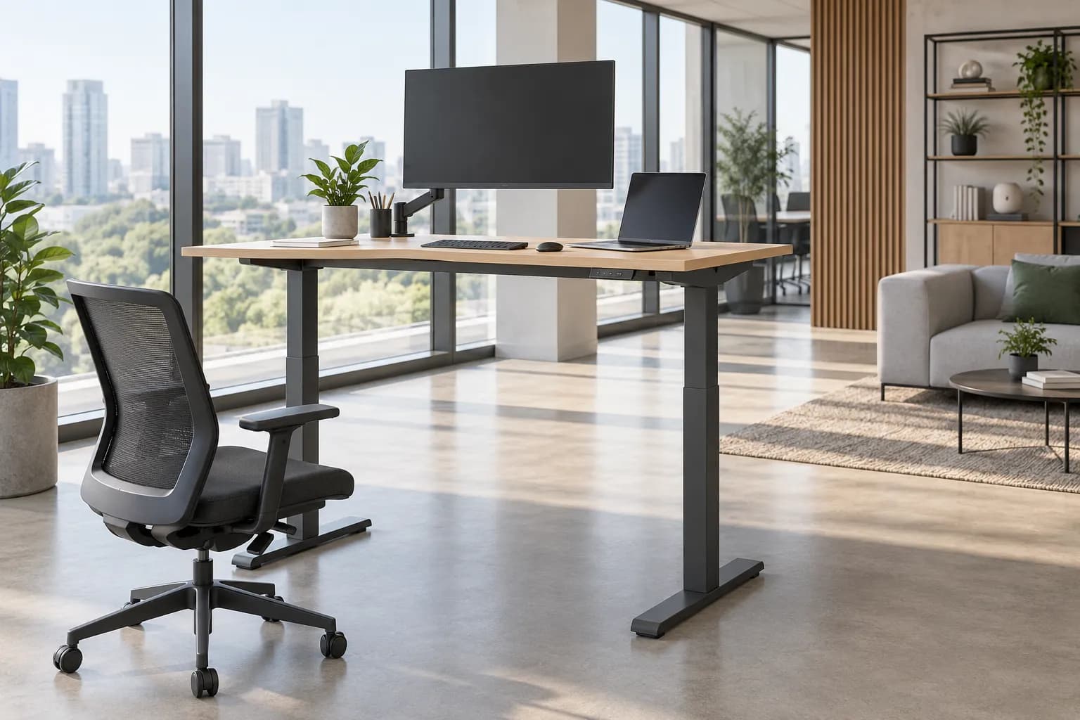 Unbranded electric standing desk raised to full working height in a contemporary commercial workspace