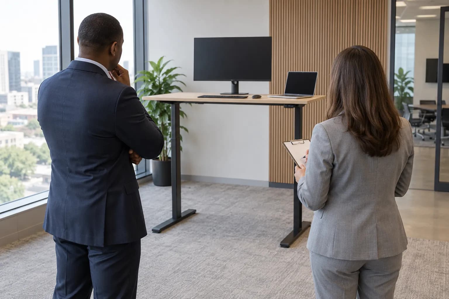Procurement reviewers observing an unbranded standing desk at full working height in a commercial office