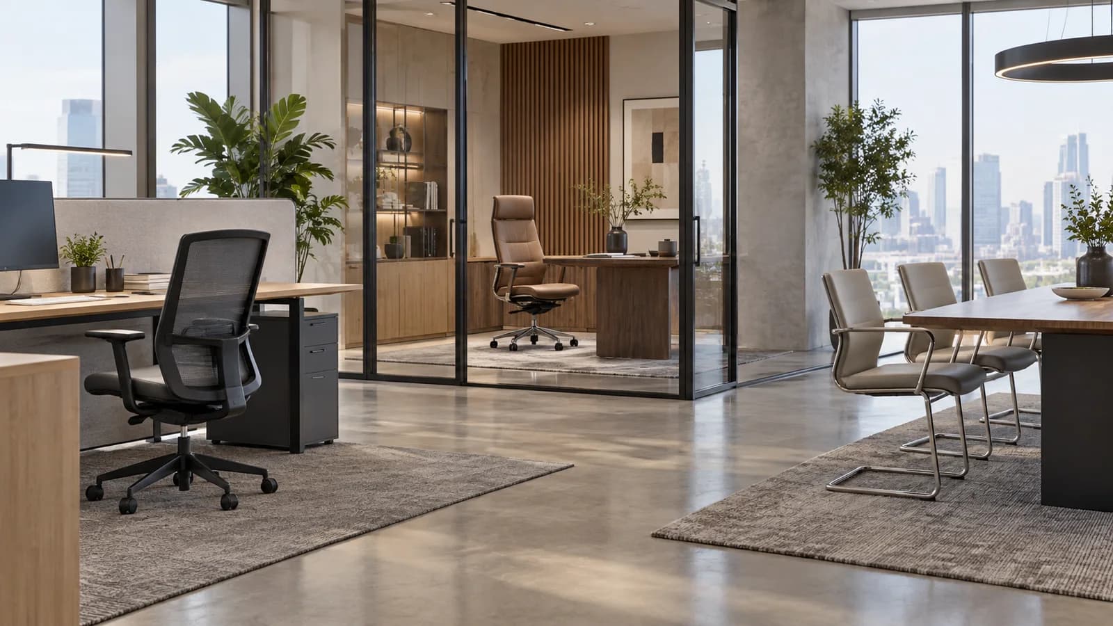 Unbranded task, executive and conference chairs placed in their respective commercial office zones