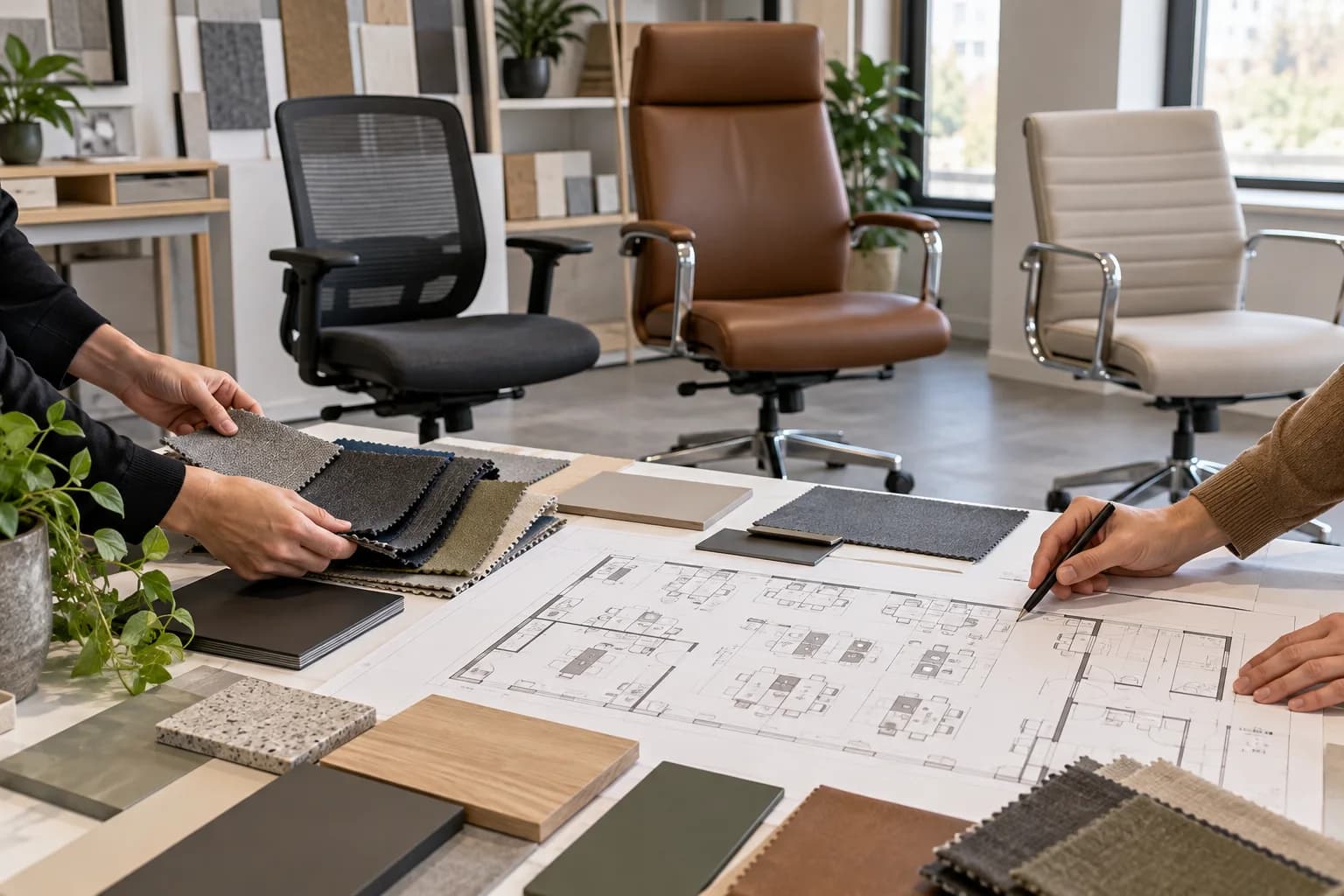 Project team comparing task, executive and conference chair samples with a floor plan and material swatches