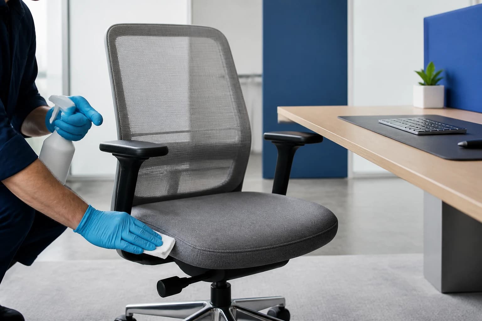 Commercial office chair surface cleaning protocol with labeled materials and controlled application tools