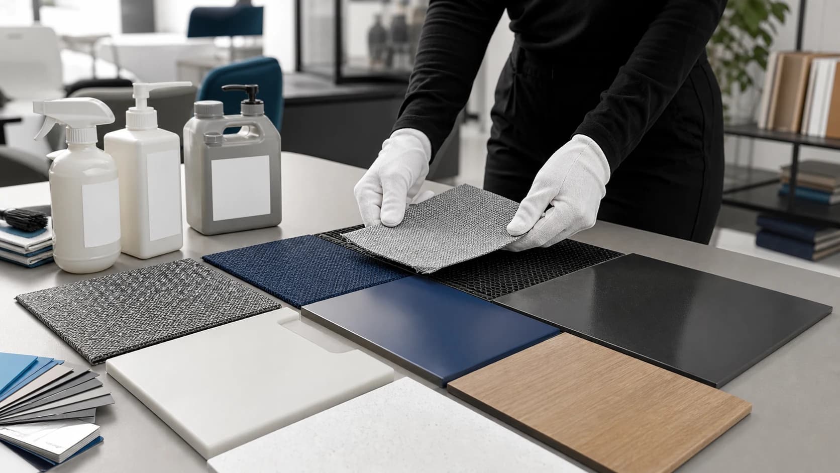 Commercial furniture specifiers comparing upholstery, laminate and coated metal surface samples
