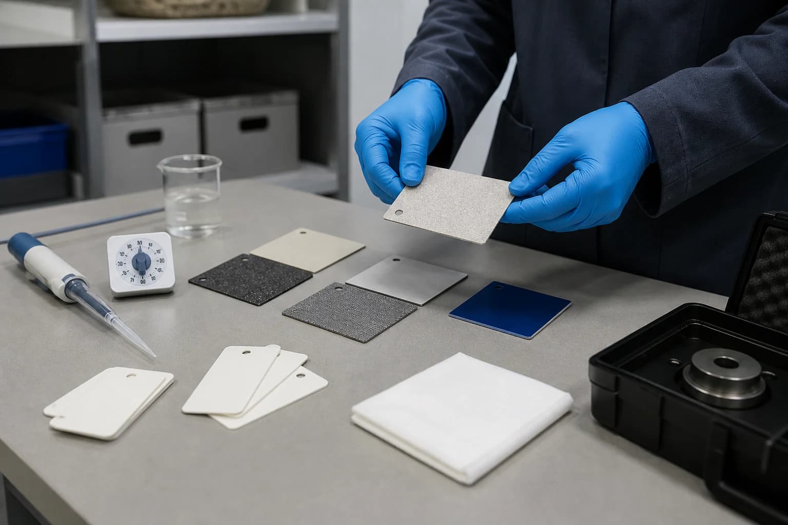 Material specialist inspecting laminate, textile, coated metal and plastic furniture samples after controlled cleaning exposure