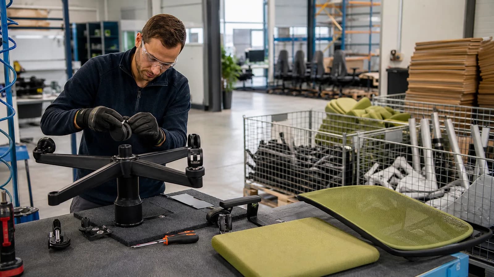 Technician repairing reusable office chair components in a furniture workshop