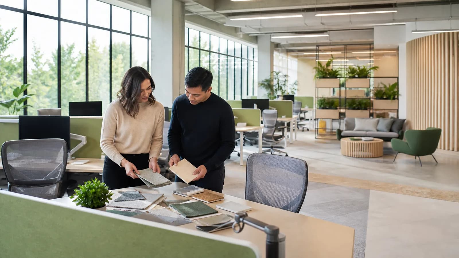 Workplace specifiers reviewing furniture material samples in a contemporary commercial office