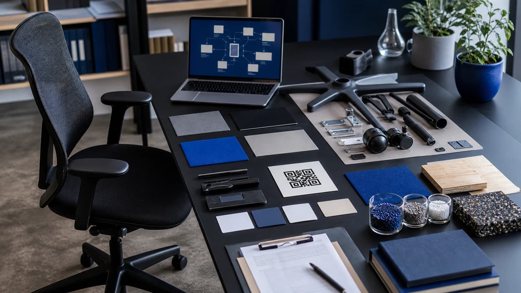 Furniture supply-chain team reviewing digital product traceability records beside office chair components