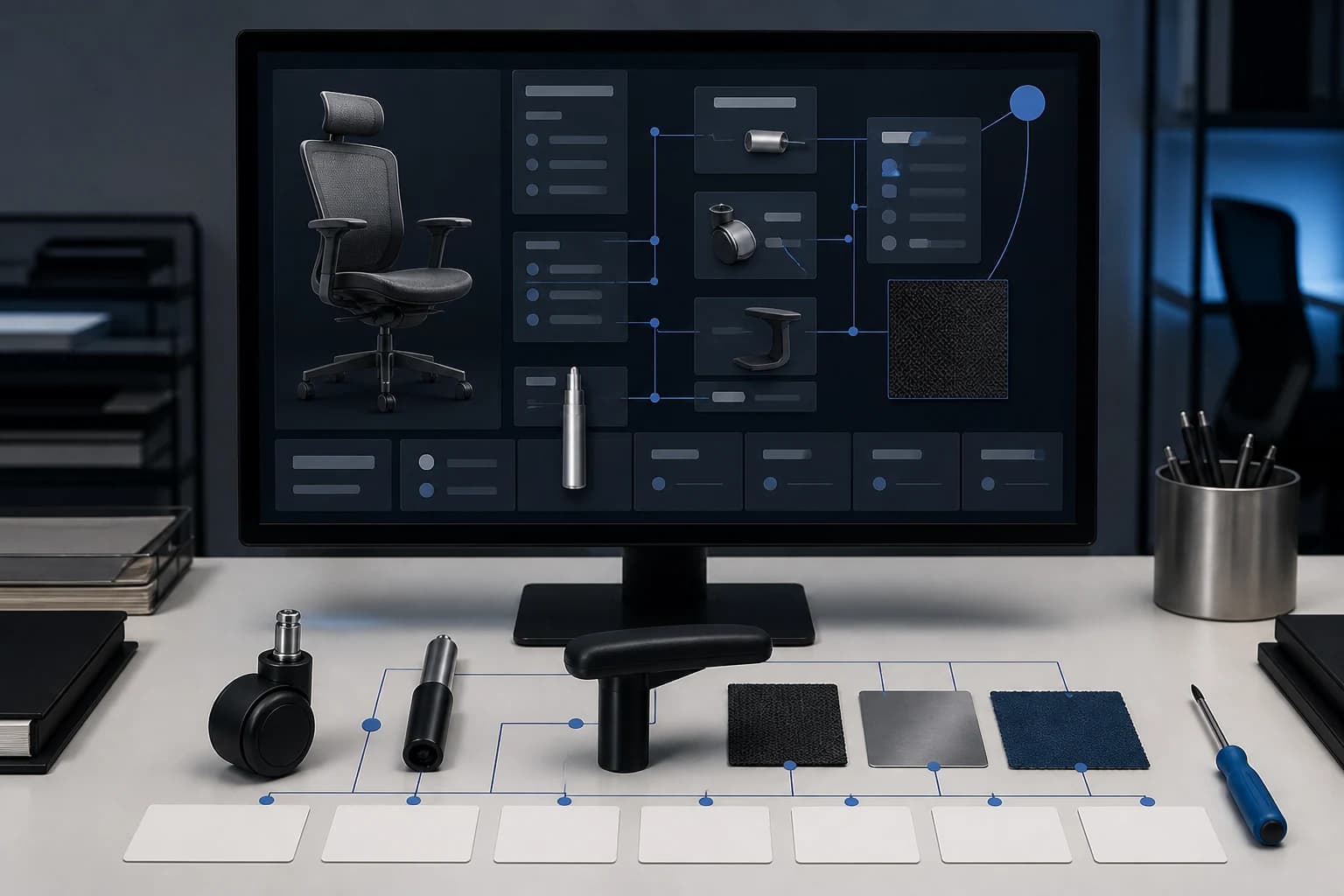 Furniture product data record connecting a chair model to material, component, repair and document information