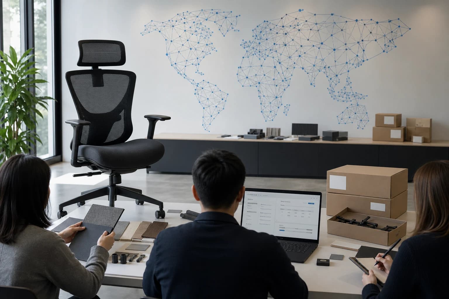 Office furniture supply chain team reviewing component traceability and EU product records