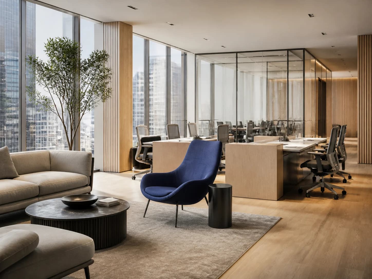 Contemporary corporate workspace with task seating and lounge furniture