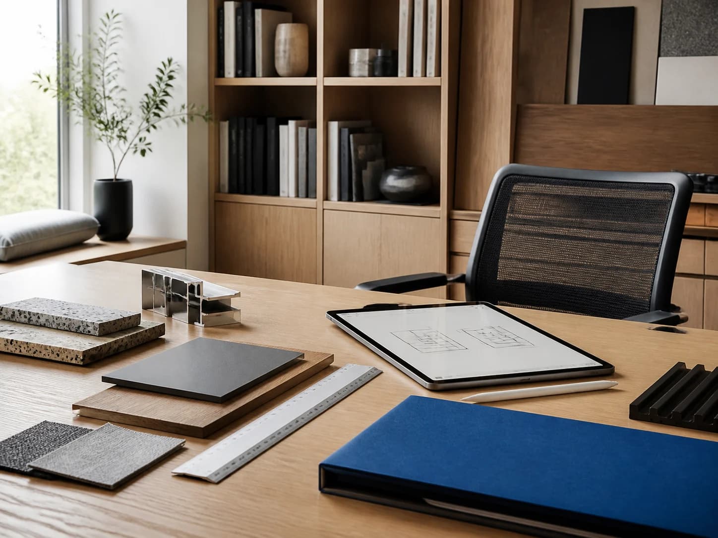 Procurement desk with material samples, office chair and technical reference tools