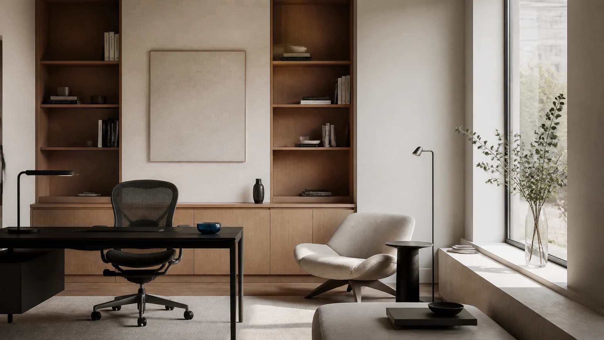 Concept visualization of a refined residential home office with an ergonomic mesh chair and lounge seating
