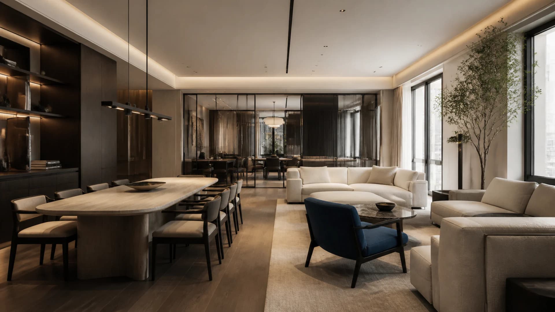 Concept visualization of a flexible mixed-use interior with meeting table, sofas and lounge chairs