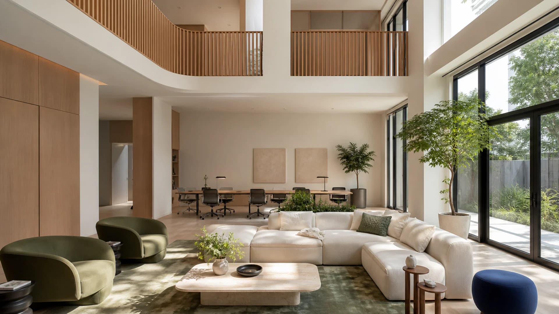 Concept visualization of a sunlit townhouse amenity lounge with modular sofas and a shared work table