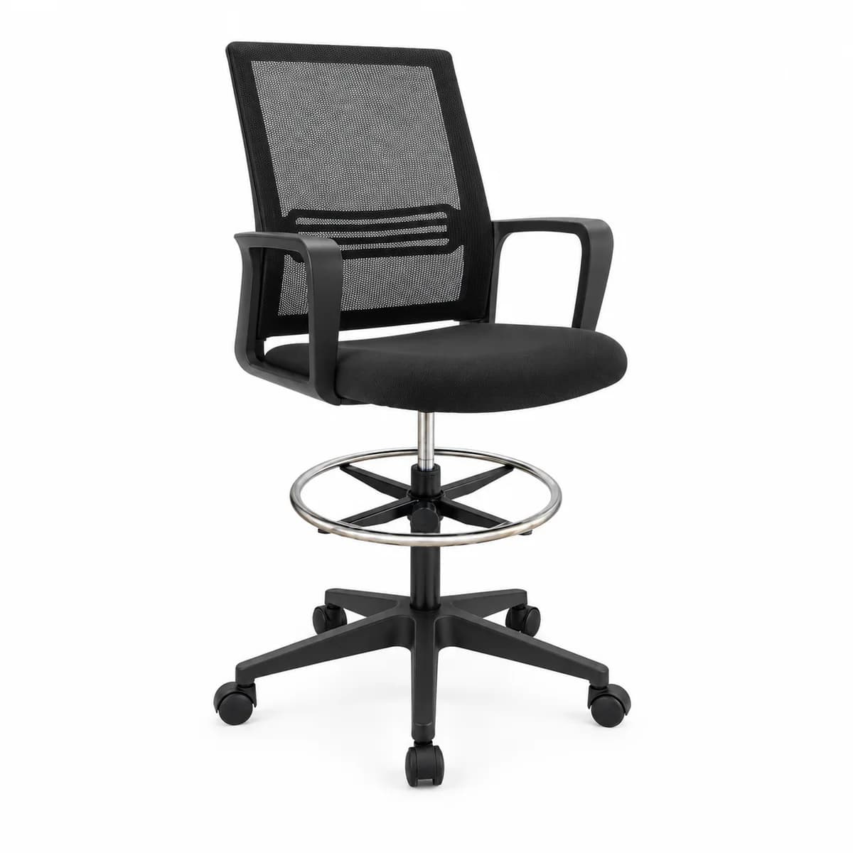 Three-quarter view of MB-509B rolling bar chair with stainless steel footring