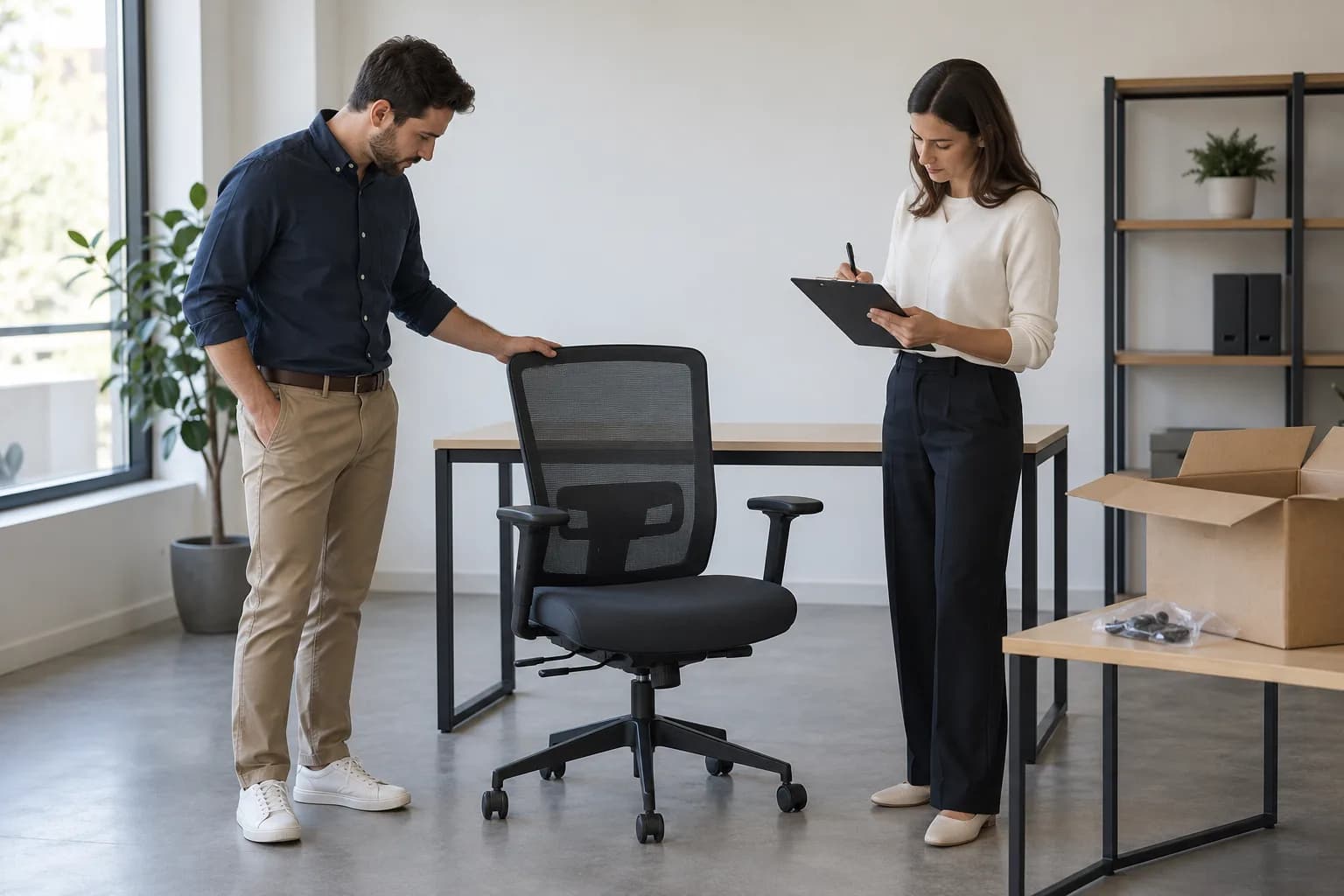 Conceptual project coordinators reviewing an assembled chair and desk beside plain packaging and sample acceptance records