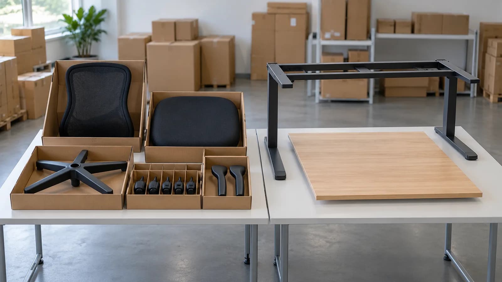Conceptual sample tables with separate office chair components and a partially preassembled desk frame beside plain cartons