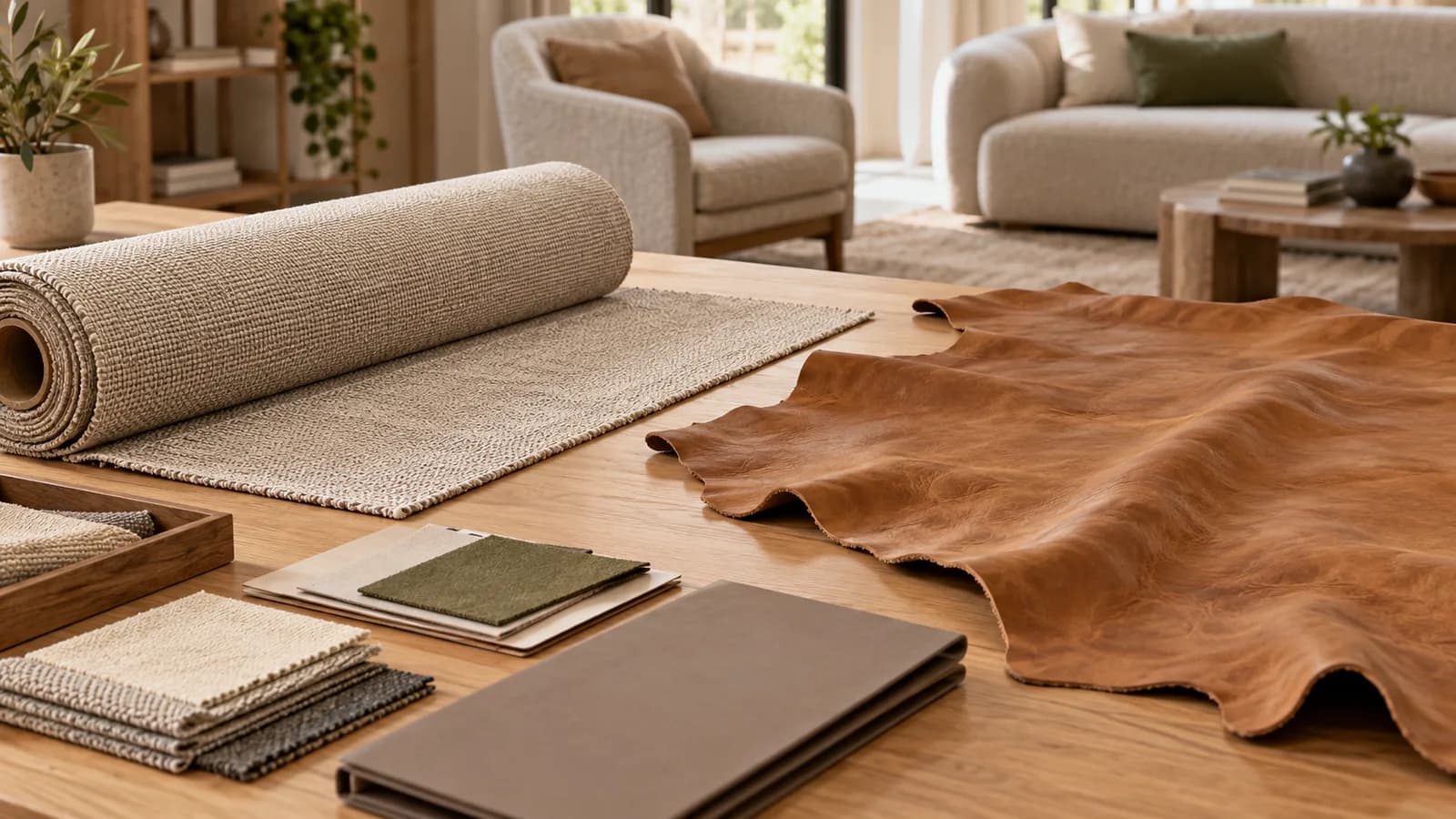 Illustrative materials studio with an upholstery textile roll and irregular leather hide beside generic lounge furniture