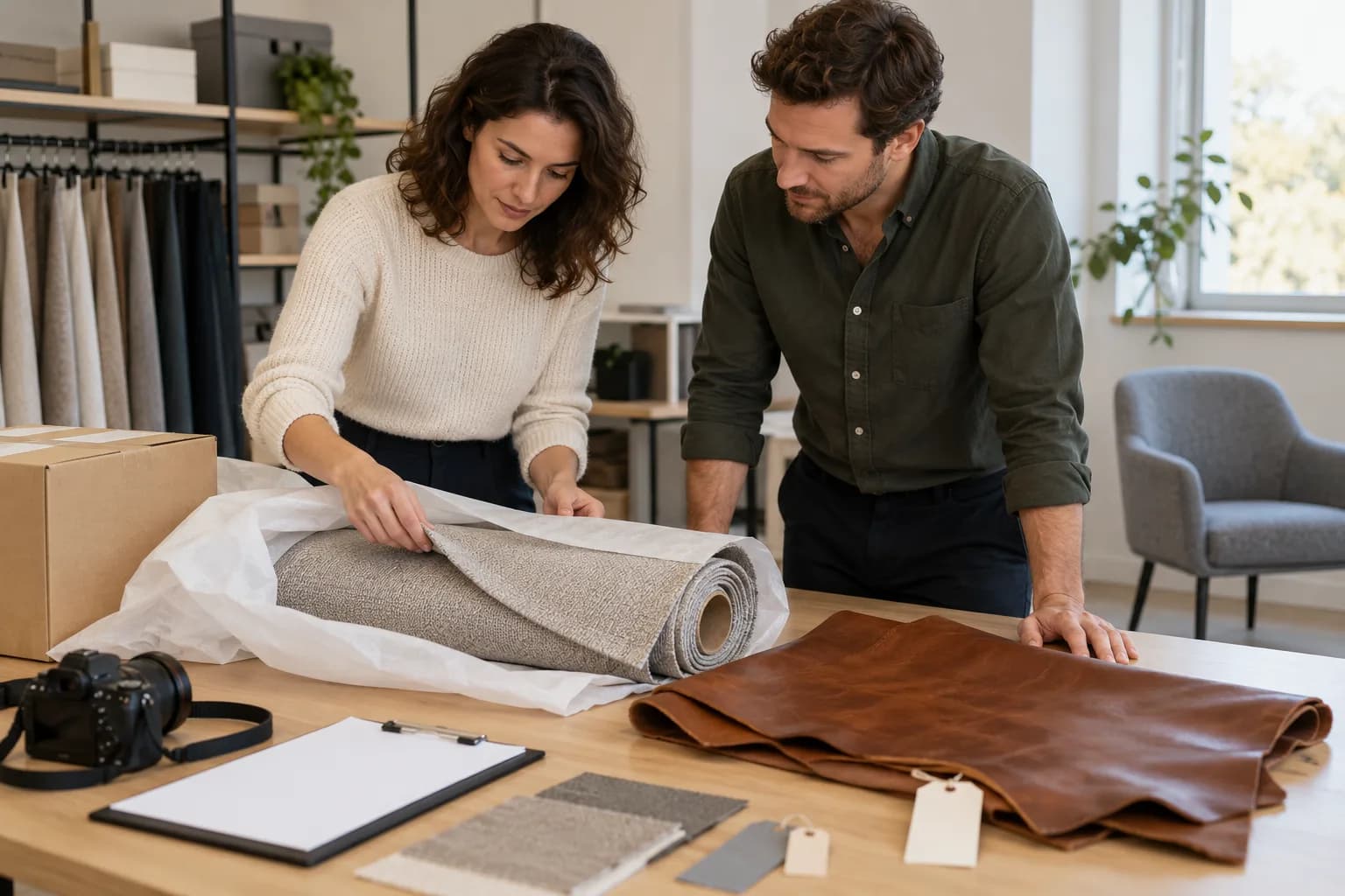 Conceptual receiving review of a fabric roll and separate leather hide with blank material tags and sample records