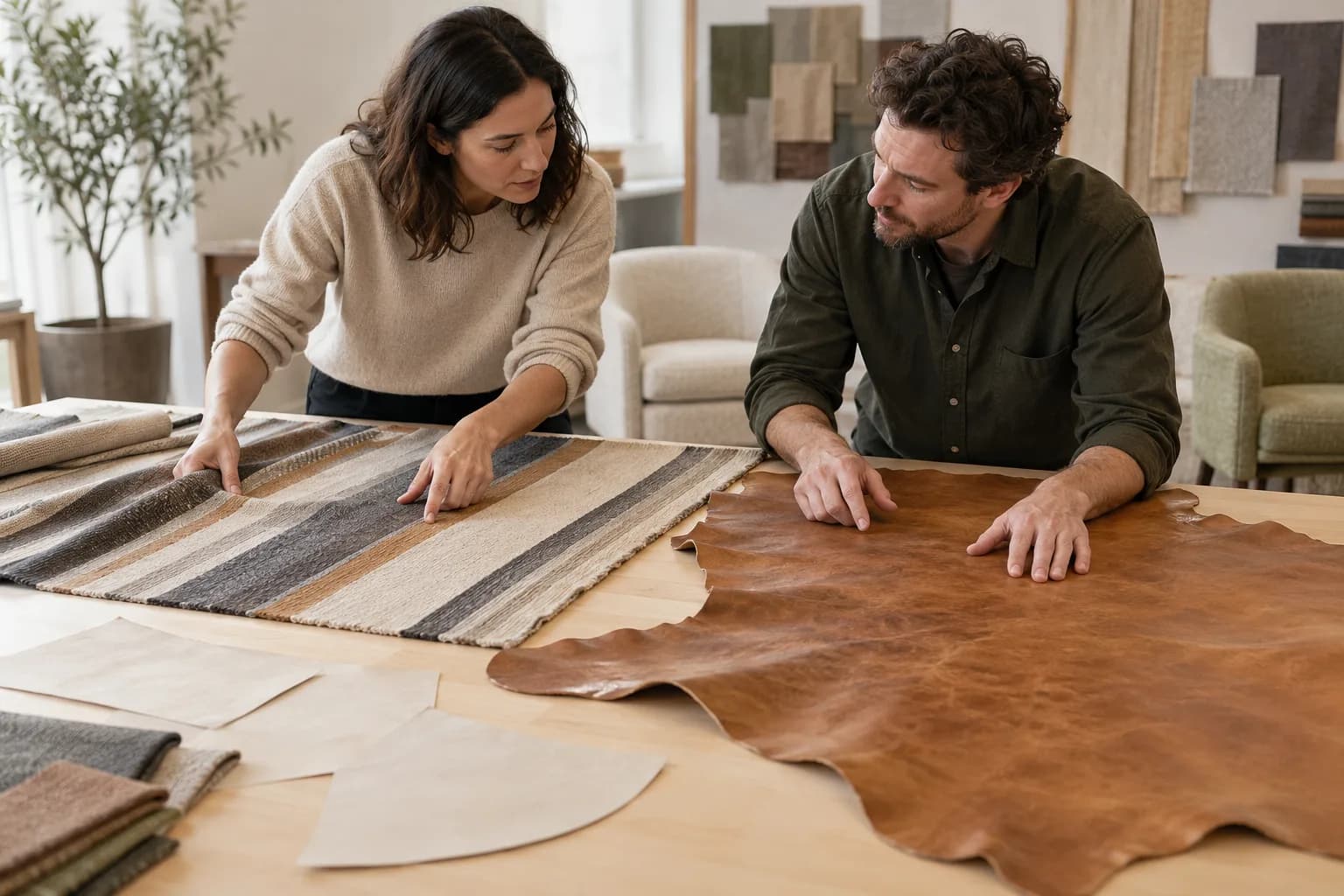 Fictional upholstery reviewers comparing textile direction and an irregular leather hide beside plain panel templates