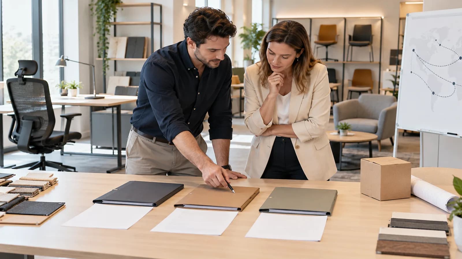 Illustrative furniture buyers comparing blank quotation folders beside generic office chair, desk and lounge samples