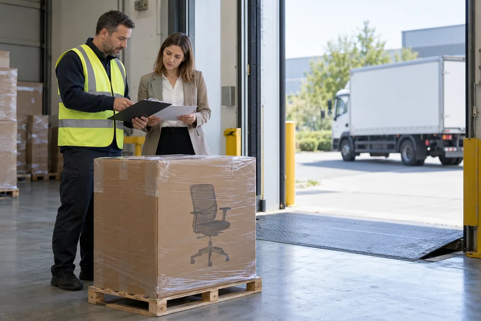 Fictional buyer and logistics coordinator reviewing a packaged chair handoff at a generic dispatch doorway