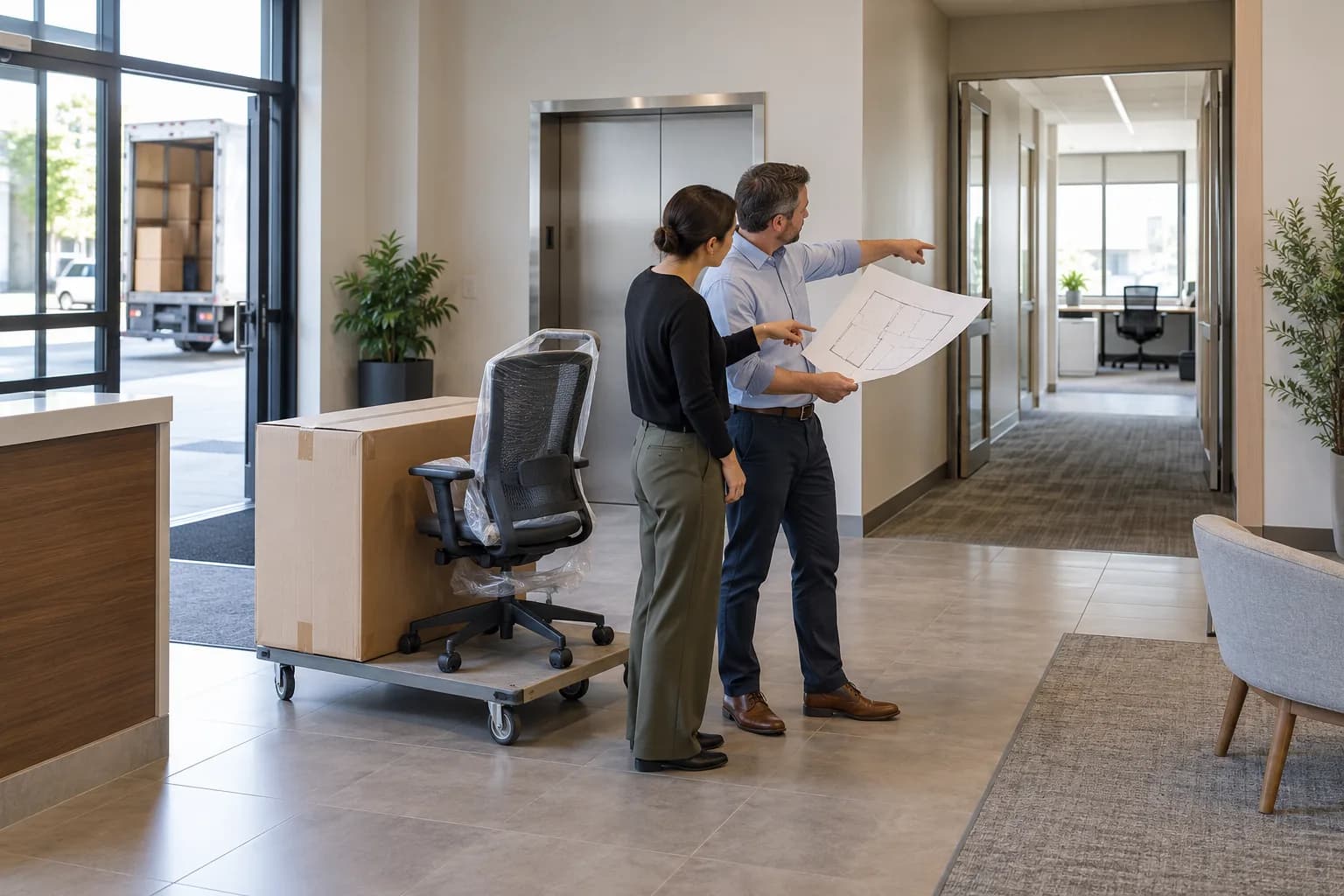 Conceptual facilities planners reviewing final-room access beside packaged furniture at an office receiving entrance