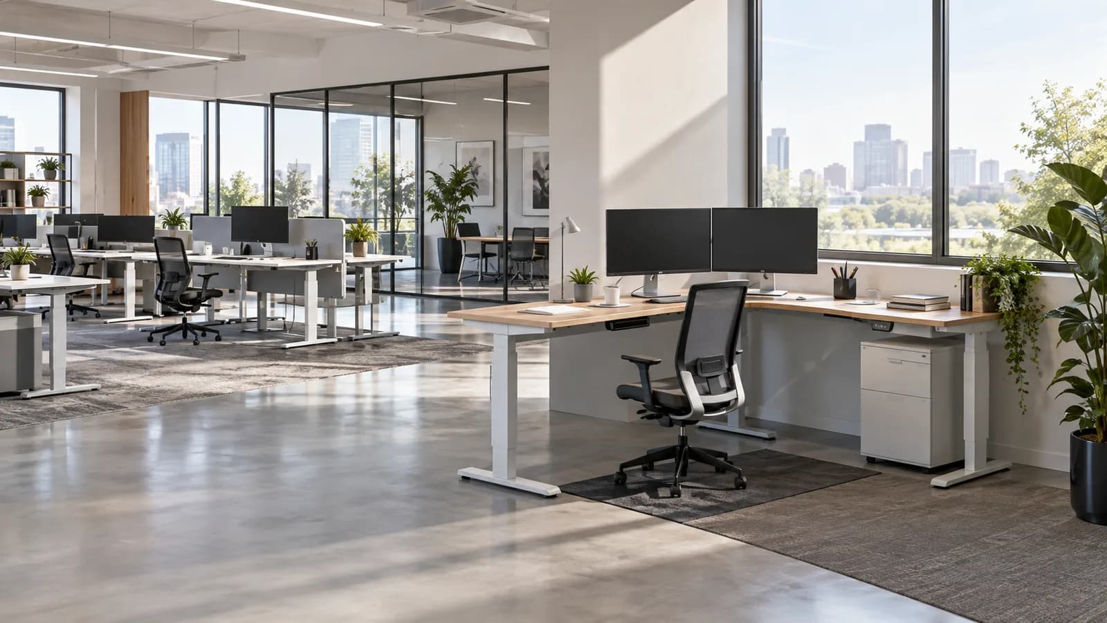 Unbranded L-shaped and straight height-adjustable desks in a contemporary commercial office