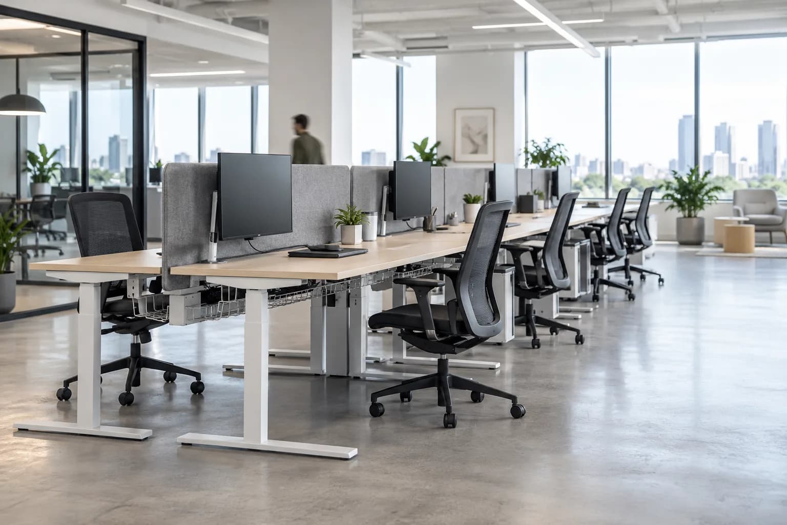 Unbranded straight height-adjustable desks arranged in a commercial office row with clear circulation