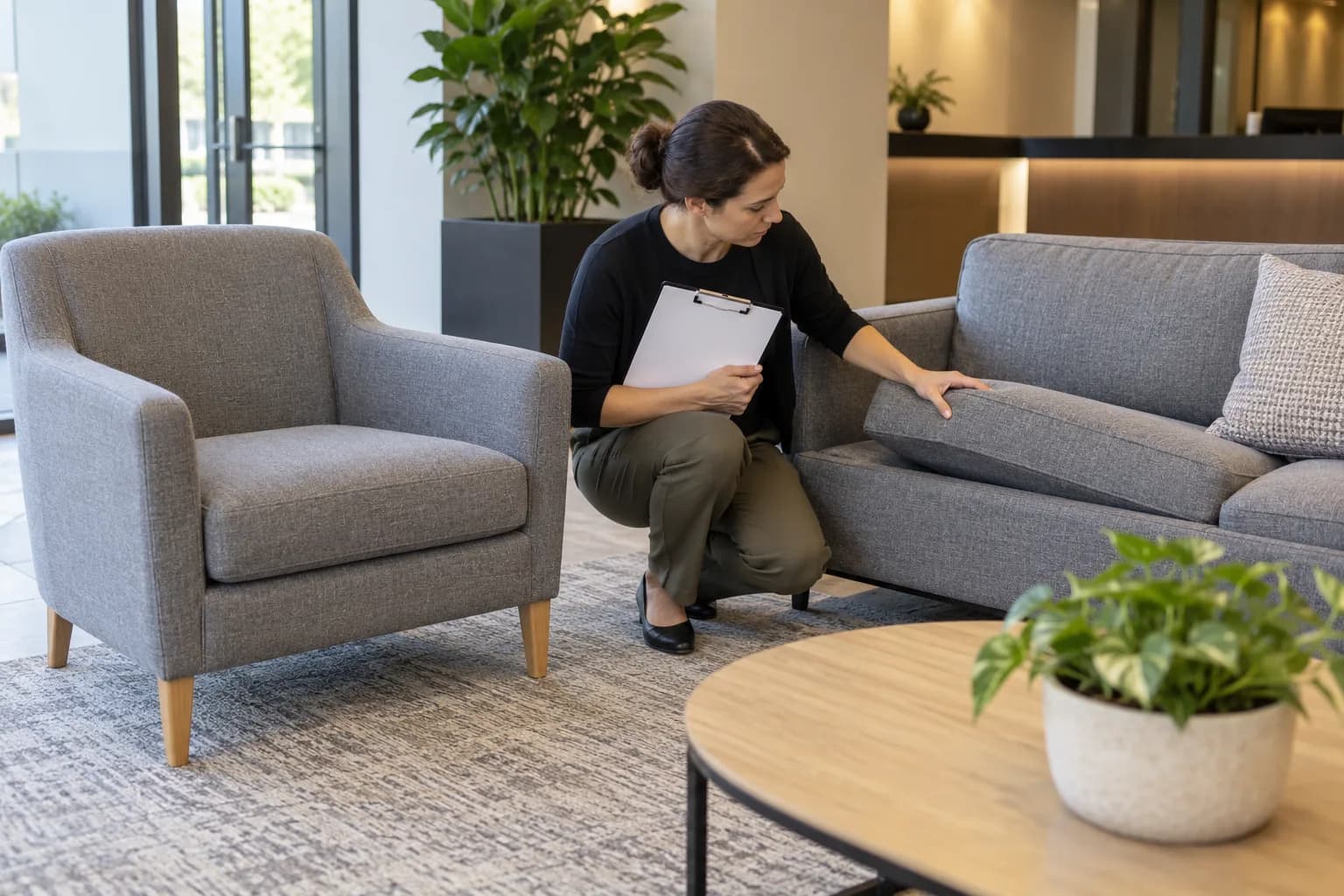 Facilities coordinator reviewing upholstery access beside a generic reception lounge chair and compact sofa