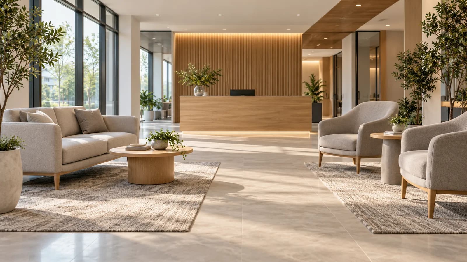 Illustrative office reception with a compact grey sofa, separate lounge chairs and occasional tables