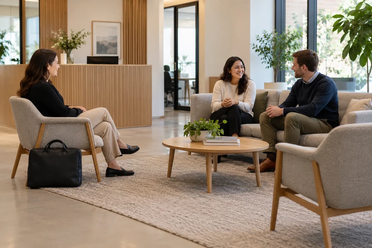 Illustrative reception scene with an independent visitor in a lounge chair and two colleagues sharing a sofa