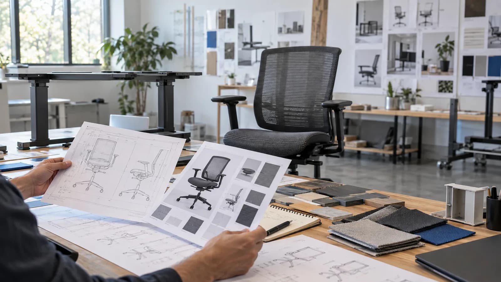 Unbranded mesh office chair concept, desk frame and design sheets on a furniture development table