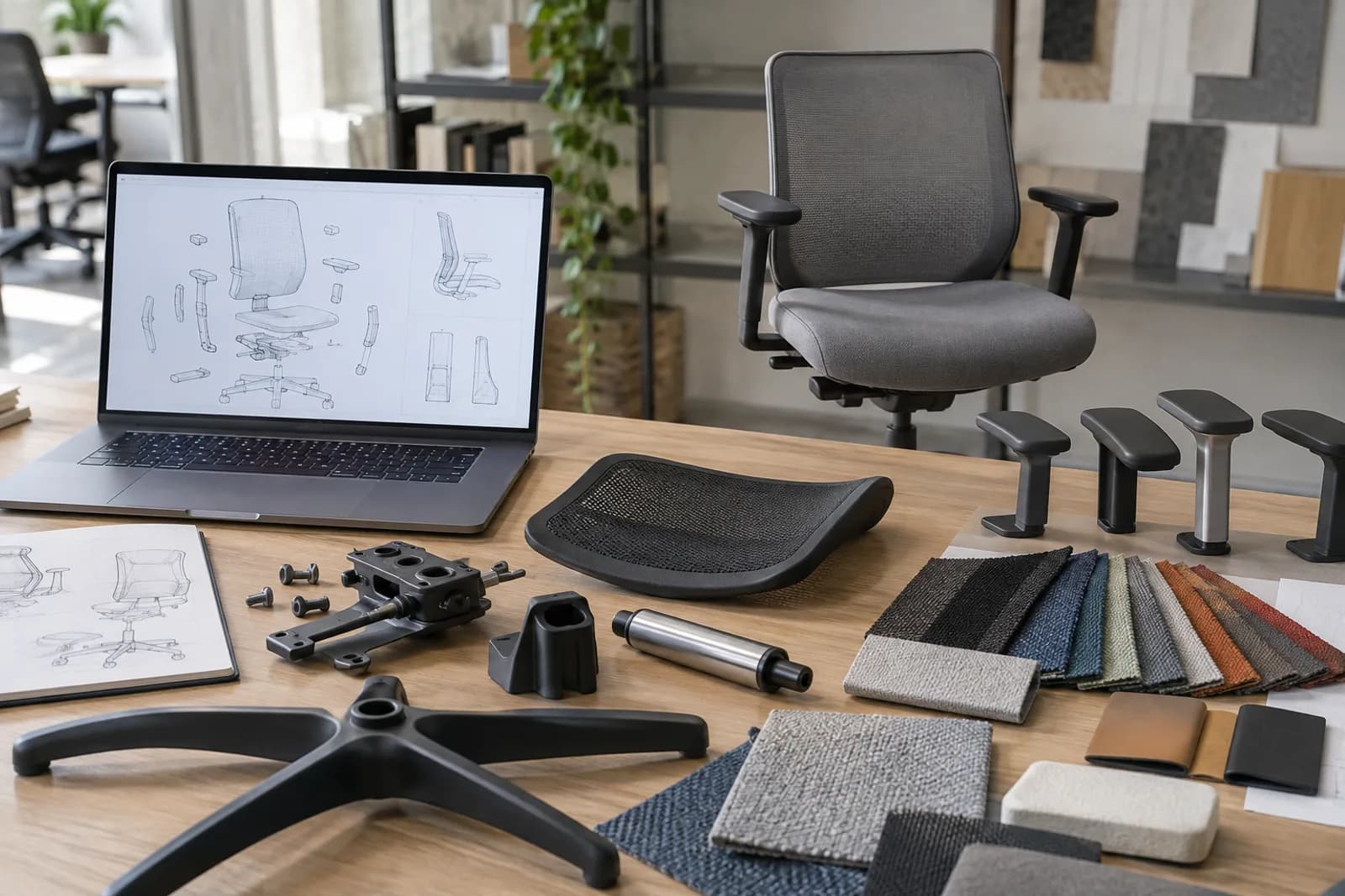 Editorial office chair development table with CAD concept, components, upholstery swatches and platform chair